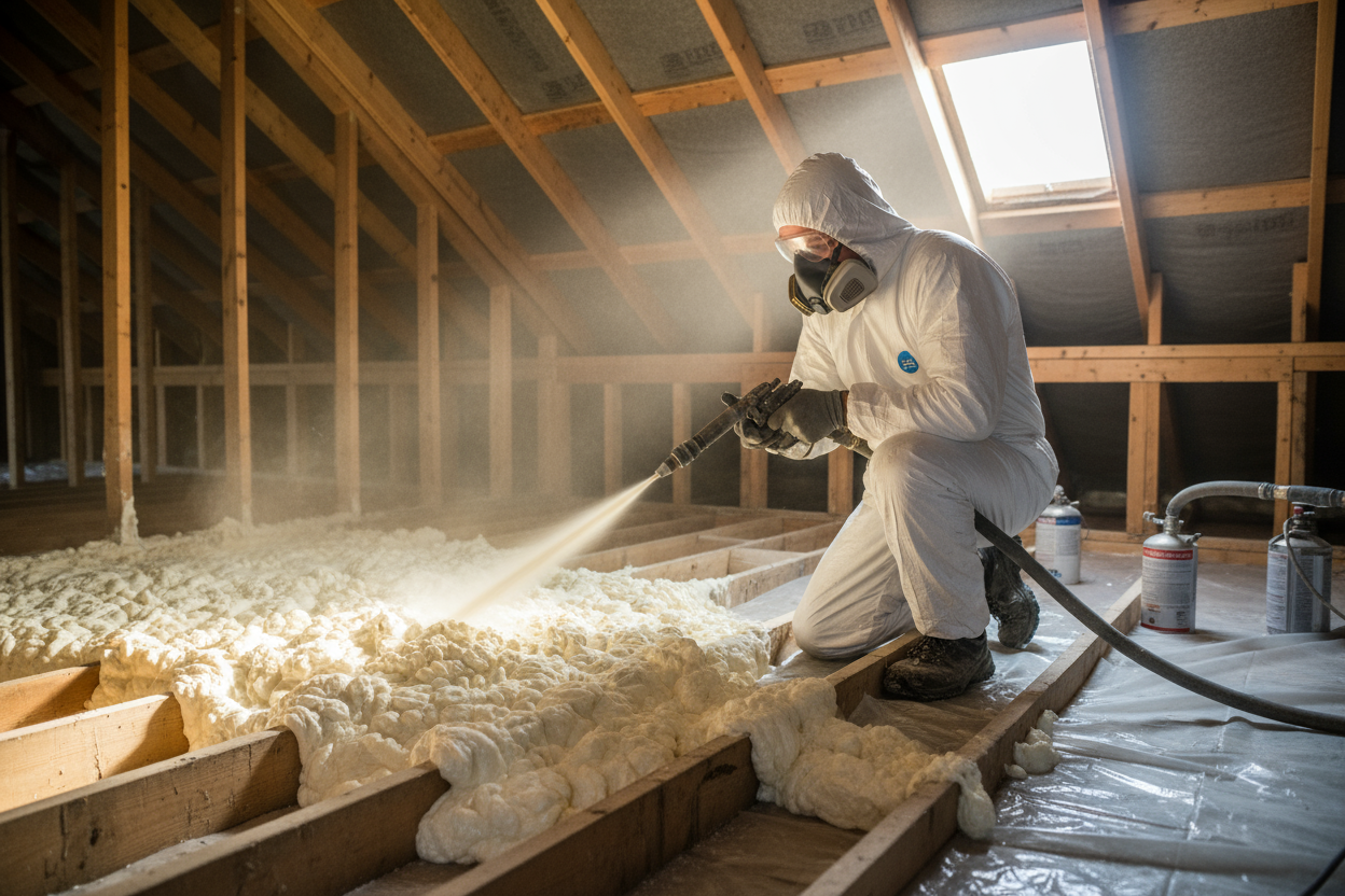 insulation worker spraying insulation on attic floor