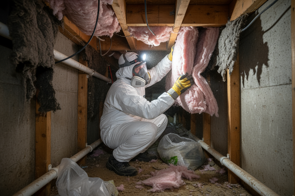 replacing crawlspace insulation in a narrow crawlspace